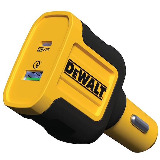 Car charger featuring dual USB and Type C ports, highlighting fast-charging capabilities and a sleek design.