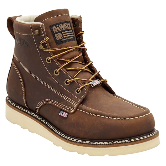 ¾ view facing right of the DEWALT Weatherby Made In USA Moc Toe Boot in brown 