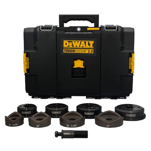 1/2'' - 2'' Knockout Punches and Dies Kit in front of TOUGHSYSTEM Case on white background