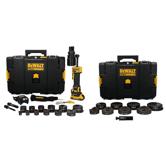 20V Max* Knockout Tool Kit with 1/2"- 4" Punches and Dies in front of TOUGHSYSTEM Case on white background